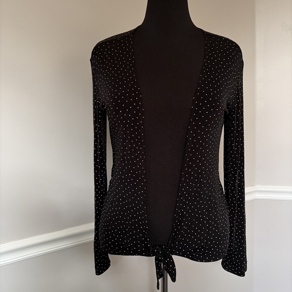 Chico's Travelers Cardigan Size Small 4-6 Black White Polka Dot Tie Jacket